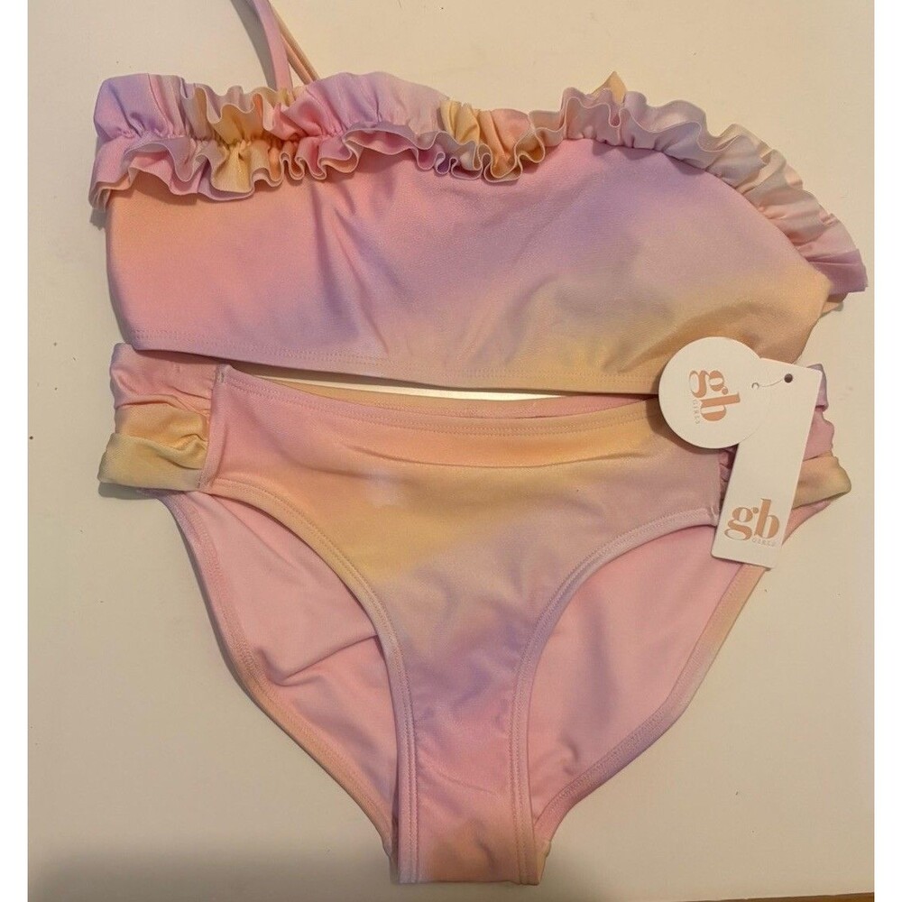 GB gianni bini Girls Sz 14 Bikini Set Ombré Ruffle Trim Pink Yellow Bandeau Top